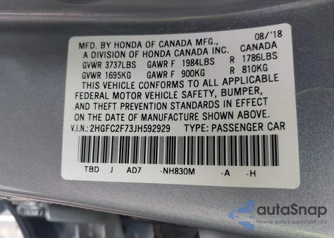 2018 Honda Civic Ex из США, поврежденный, VIN 2HGFC2F73JH592929